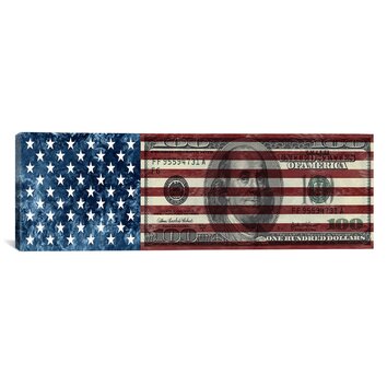 One Hundred Dollar Bill, USA Flag Graphic Art on Canvas