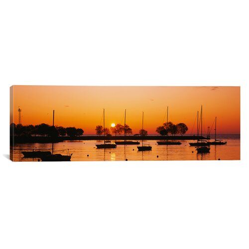 Panoramic Silhouette of Sailboats in a Lake, Lake Michigan, Chicago