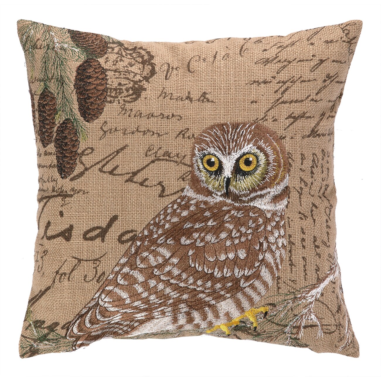 Peking Handicraft Owl Embroidered Burlap Throw Pillow