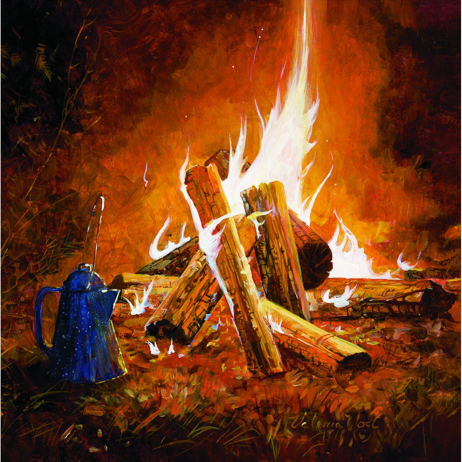 Evening Campfire Painting Print on Wood