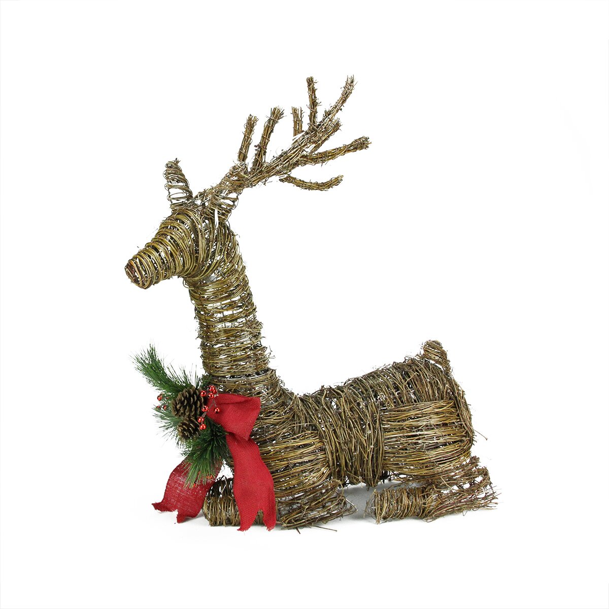 Lighted Rattan Reindeer with Bow and Pine Cones Christmas 