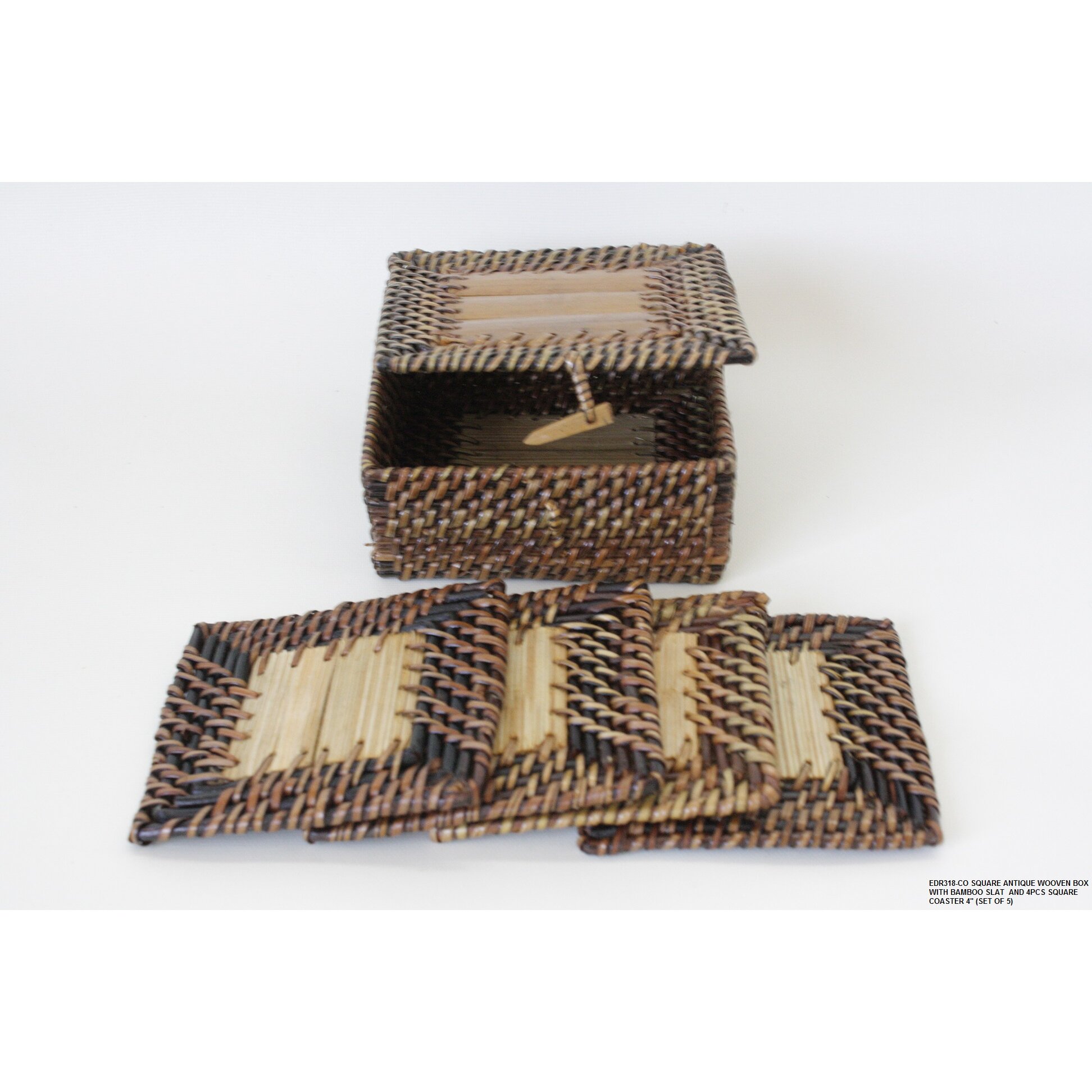 Desti Design Square Antique Wooven Box W/ Bamboo Slat And 4Pcs Square