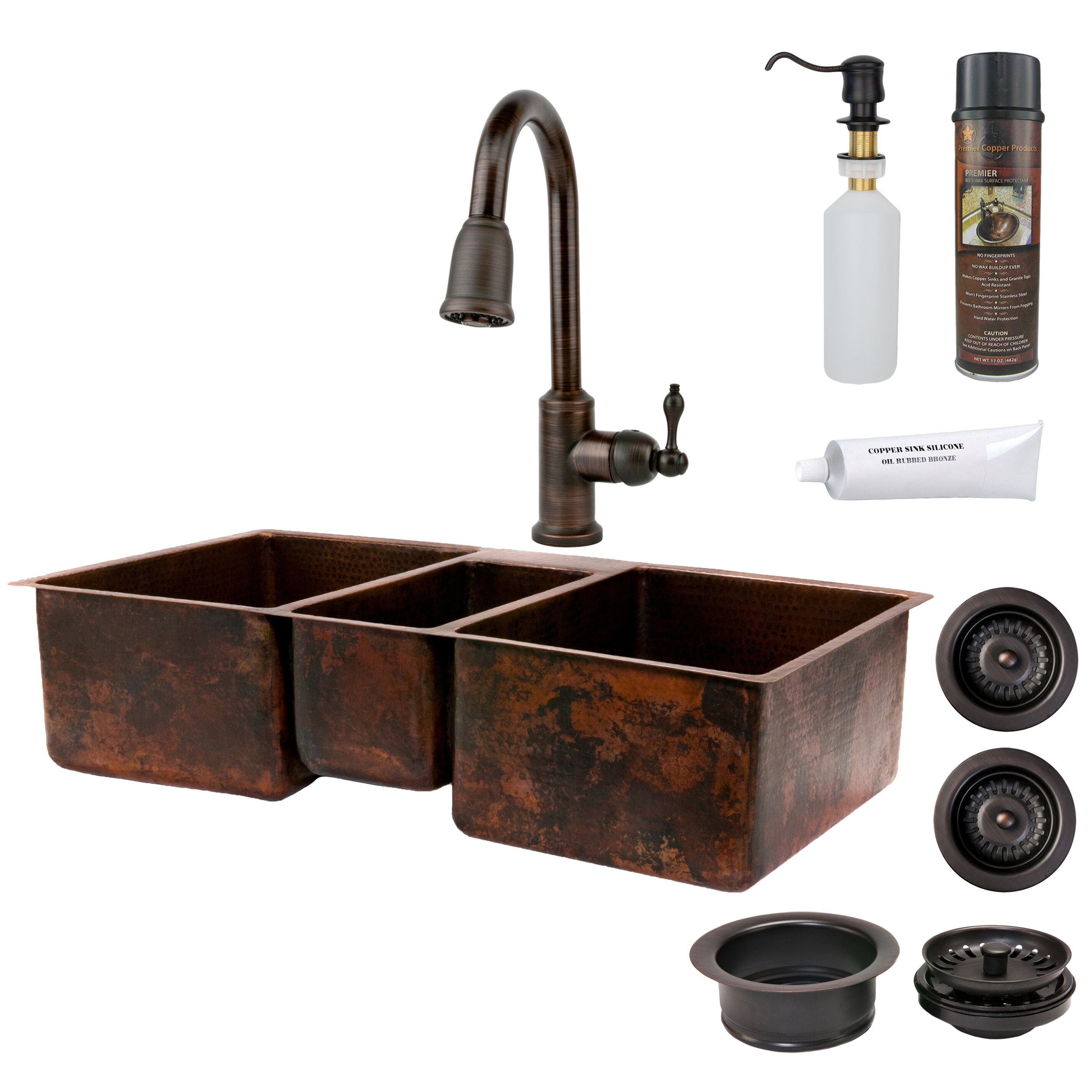 Premier Copper Products Hammered Triple Basin Kitchen Sink With ORB Pull Down Faucet Drain And Accessories KSP2 KTDB422210 