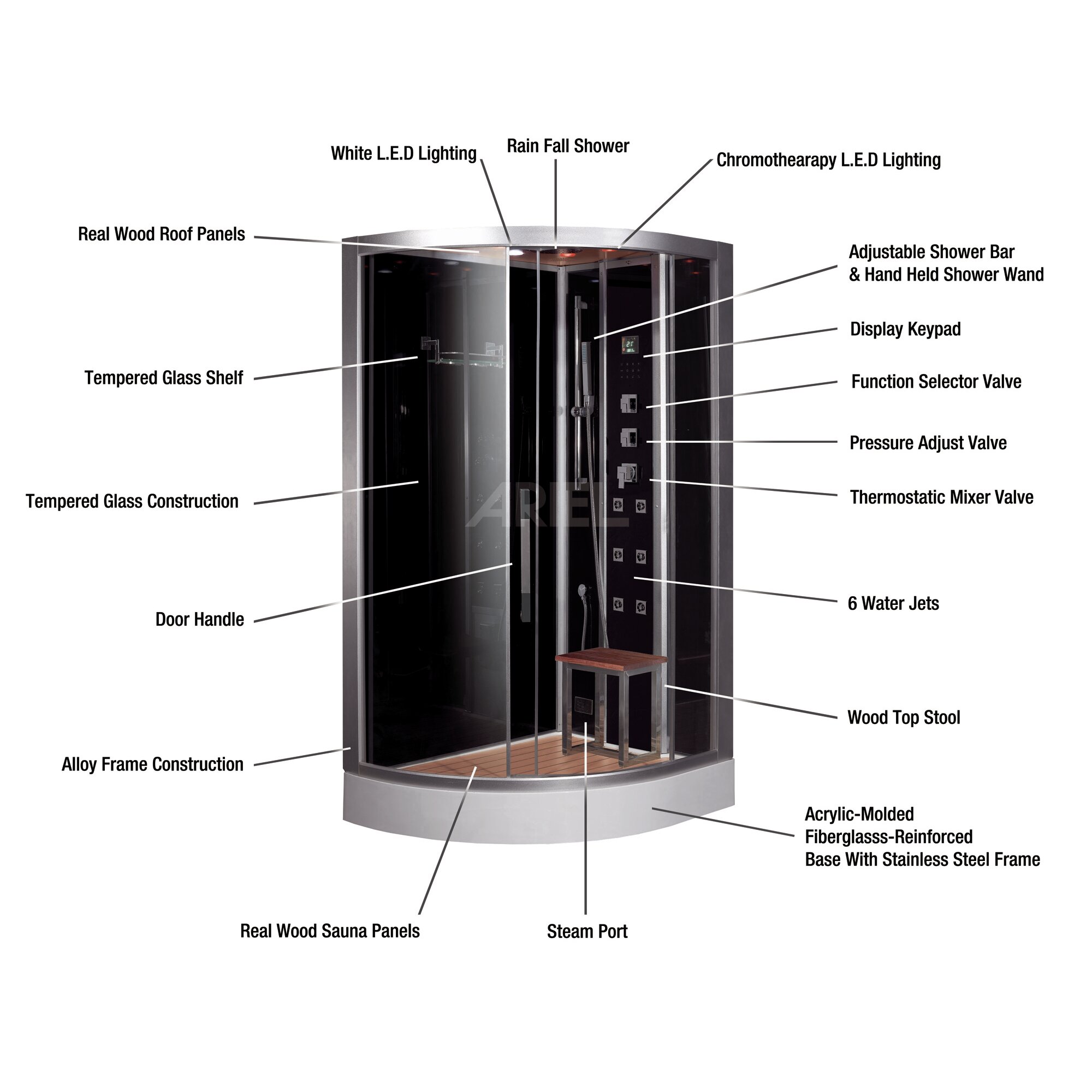 Ariel Bath Platinum 47.7 x 35.4 x 89 Pivot Door Steam Shower with