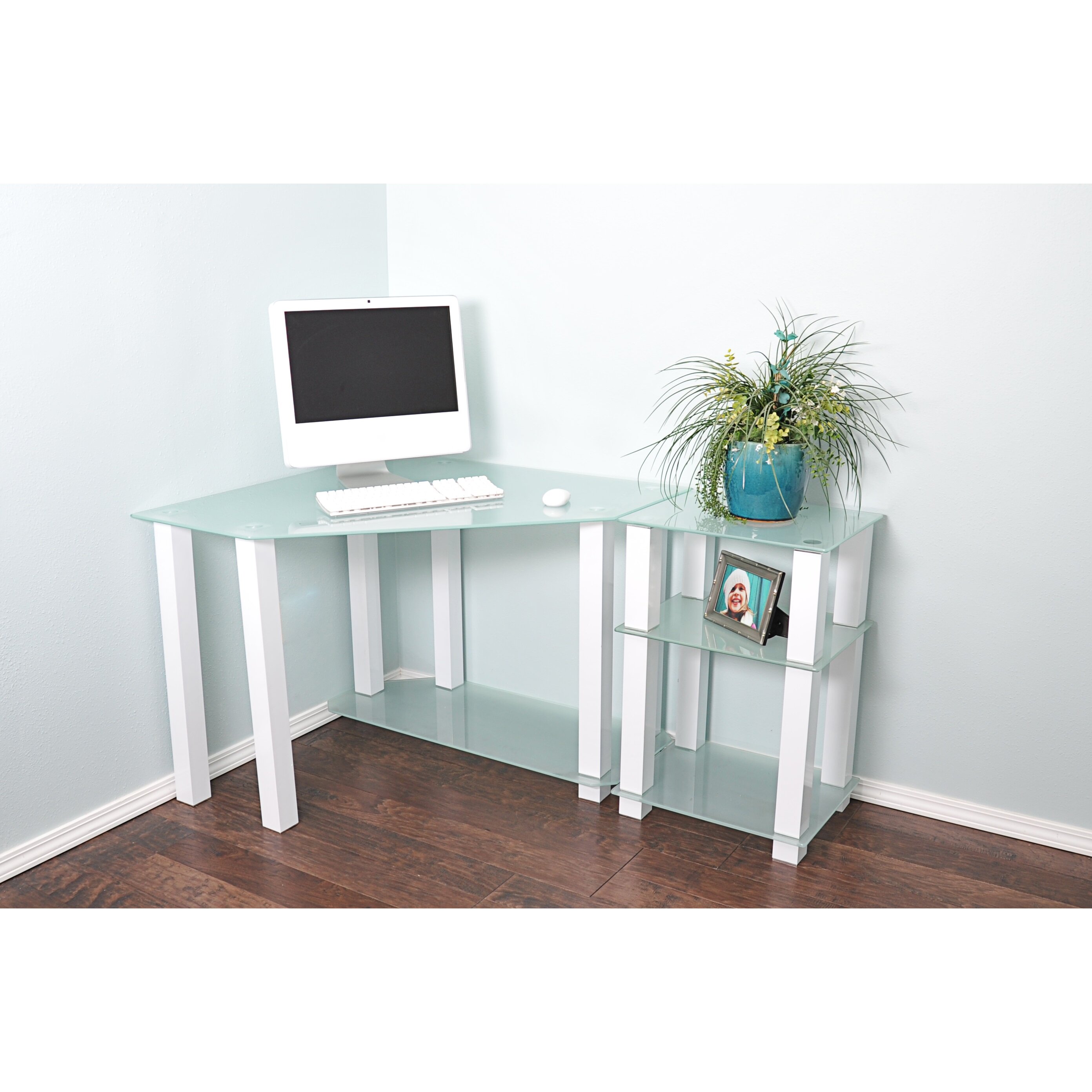 RTA Home And Office White Lines Corner Computer Desk with Right Extension Table CT 0135W